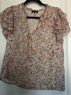 1. State Sheer Floral Ruffle Sleeve Blouse - Pink, Yellow, Gray